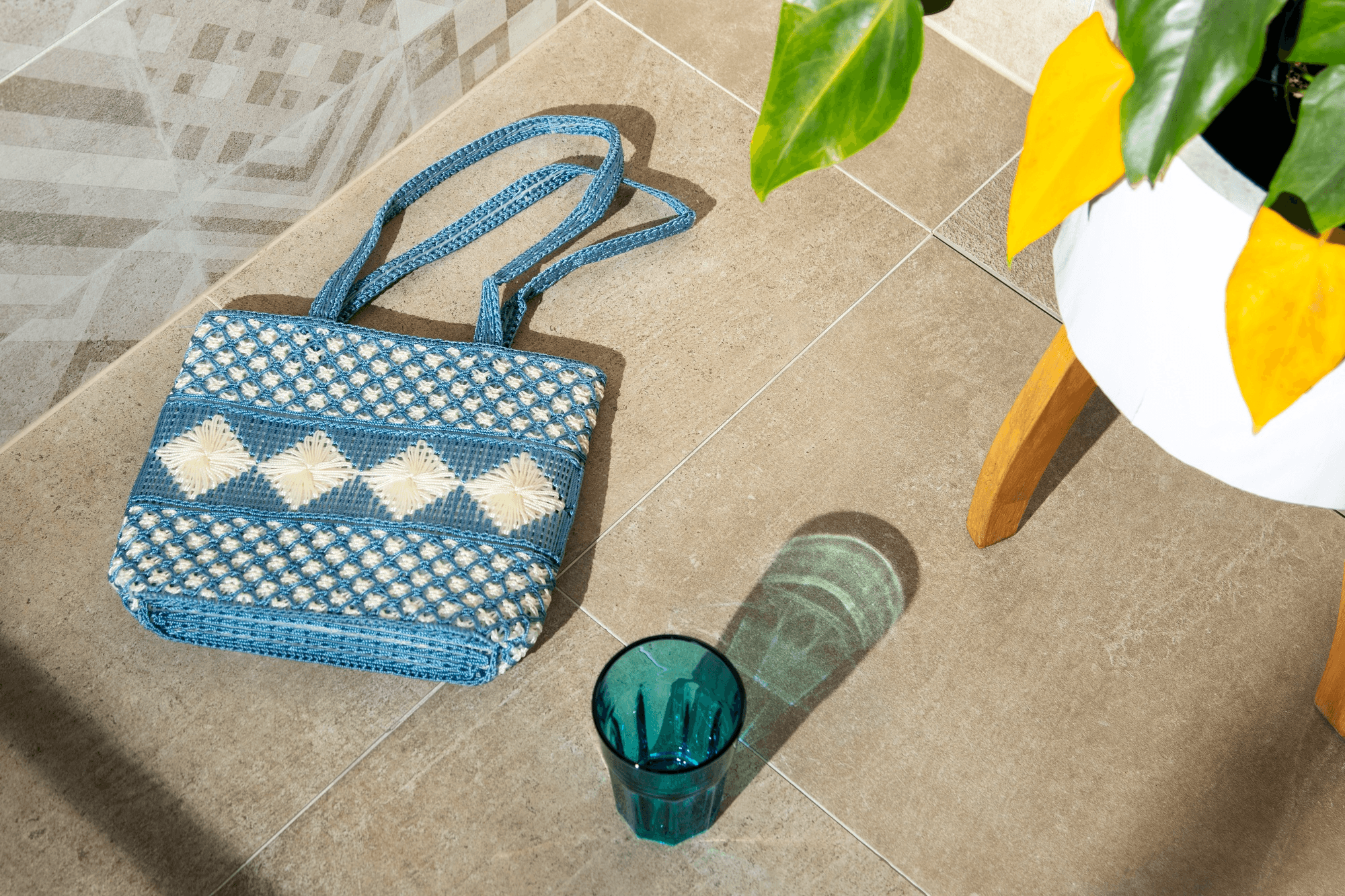 Blue woven tote bag
