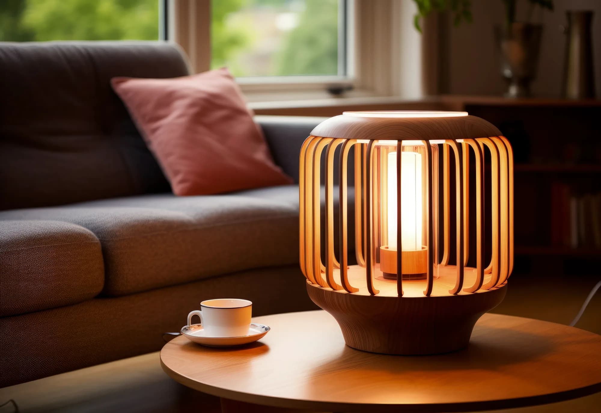 Wooden cage table lamp and teacup on a coffee table in a cozy living room